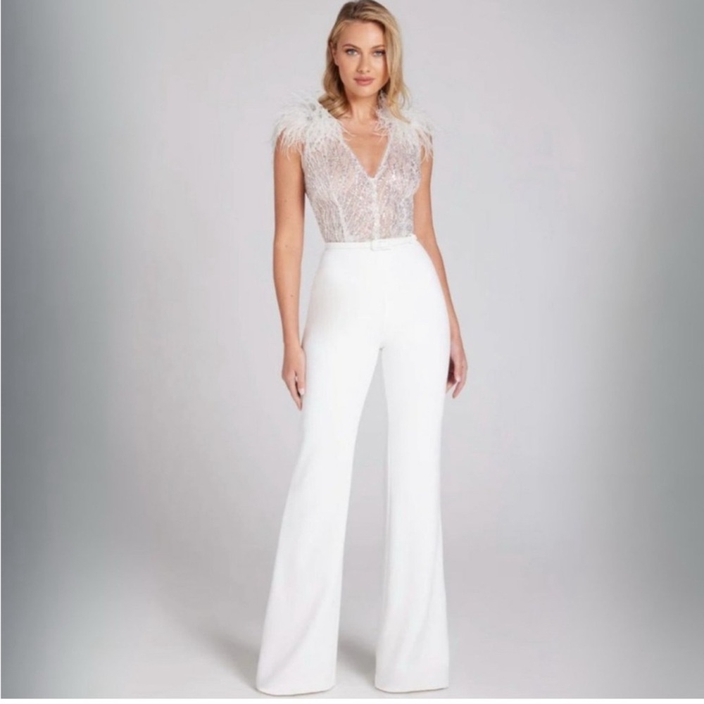 BNWT NADINE MERABI White Feathered Elissa Jumpsuit